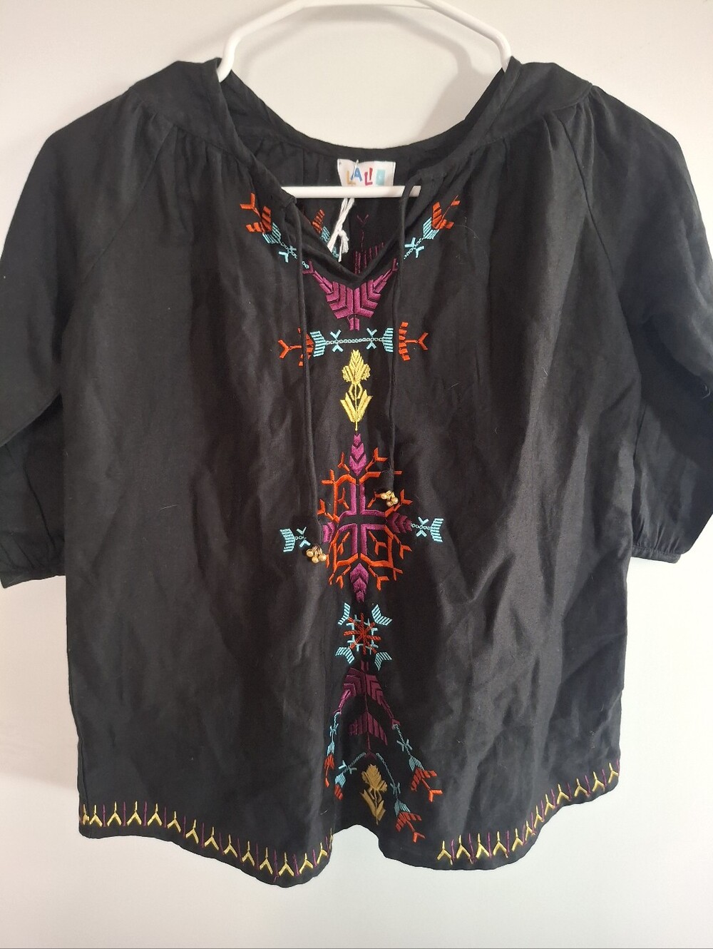 Kids Black Embroidered Peasant Top with Colorful Tribal Stitching